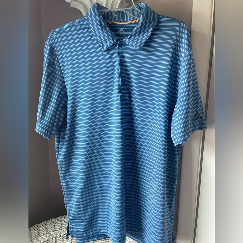 Adidas Blue and White Striped‎ Golf Polo Size Medium